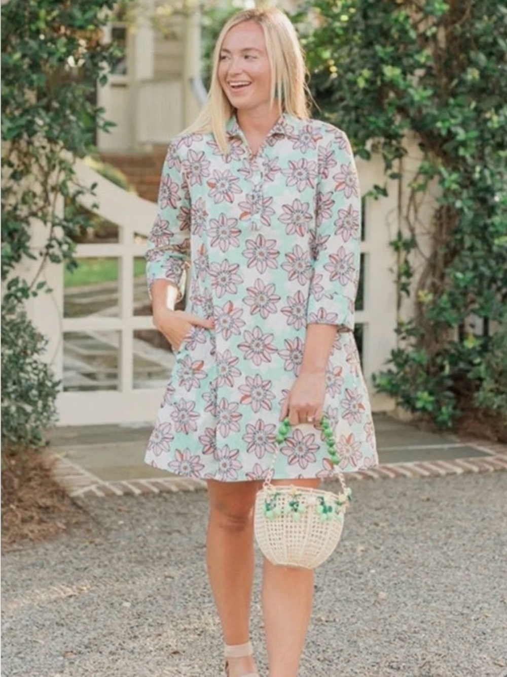 Victoria Dunn Floral Mint and Pink Button-Up Shirt Dress Ruffle Hem